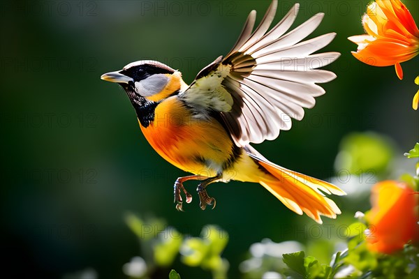 Oriol bird flying in a blooming garden expressing summer wildlife, AI generated