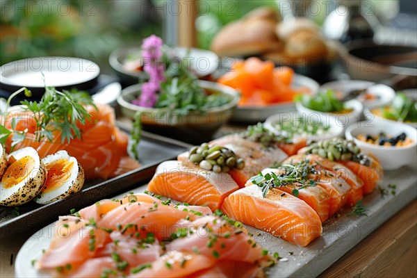 Elegantly arranged salmon brunch plate with herbs and capers, AI generated