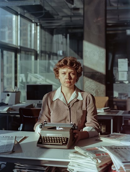 Woman working on a vintage typewriter in a sunlit retro office, AI generated