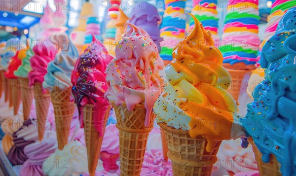 Colorful assortment of ice cream cones on the shop showcase. Colorful ice cream background AI generated