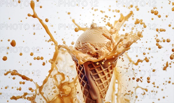 Ice cream cone explosion on white background AI generated