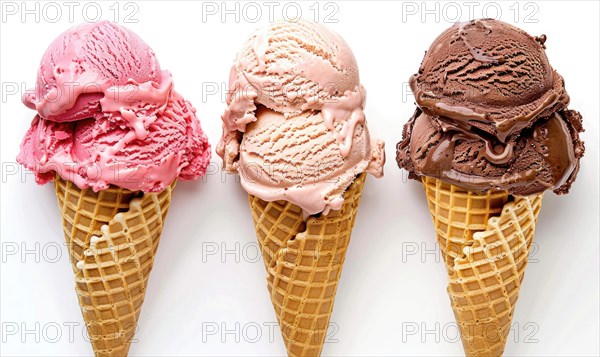 Neapolitan ice cream cones on white background AI generated