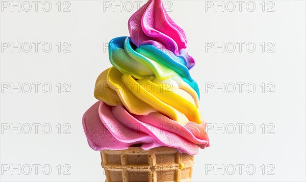 Rainbow-colored ice cream cone on white background AI generated