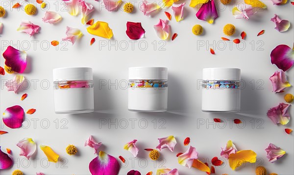 Three creme jar blank mockups nestled amidst delicate flower petals on a white background AI generated