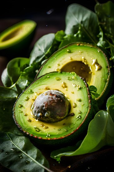 Avocado slices fanned out on a bed of mixed greens, AI generated