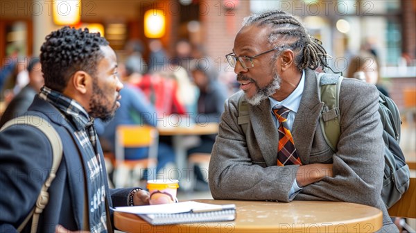 Two professionals deeply engaged in a discussion at a cafe table, AI generated