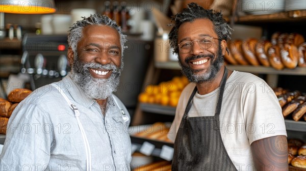 Two smiling african american bakers in a bakery, exuding warmth and partnership, AI generated