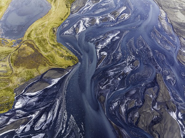 Overgrown river landscape, Eldhraun, near Kirkjubaejarklaustur, drone image, Sudurland, Iceland, Europe