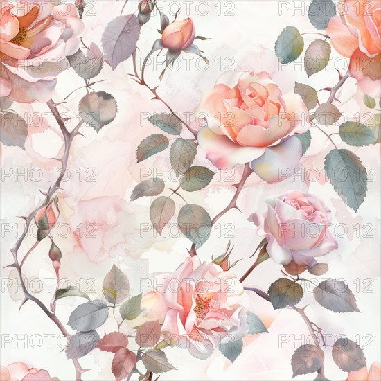 Seamless watercolor pattern with rose blossoms in pastel tones AI generated