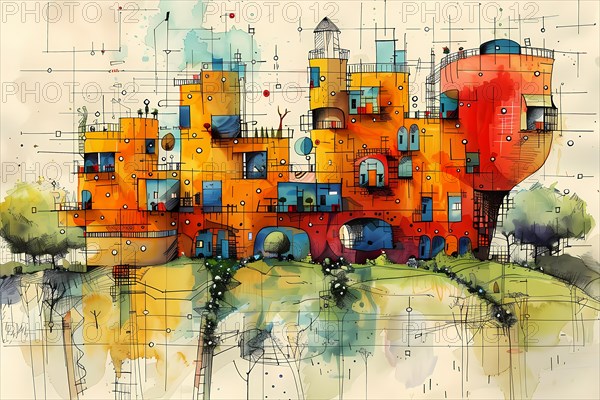 Watercolor painting of a whimsical, playful architectural structure with orange hues and sketchy lines, AI generated
