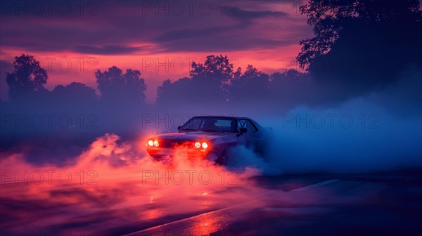 Classic american muscle car drifting on a road at late sunset almost night, surrounded by smoke and purple hues, AI generated