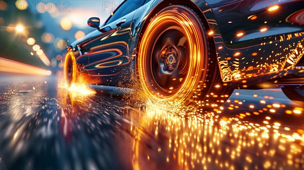 A high-performance sports car speeding at night, wheels casting brilliant sparks, electric vehicles mute speed concept, low ultra wide angle, AI generated