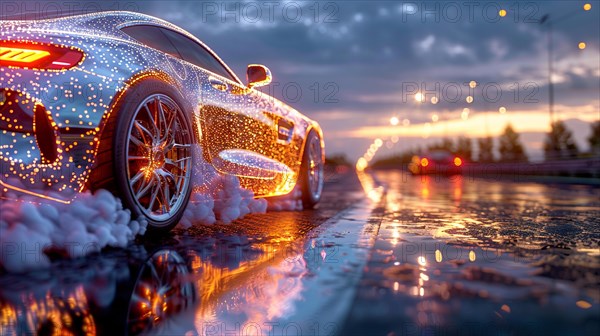 Sports car on a wet road at night with reflective water droplets, AI generated