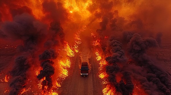An SUV speeds down a road engulfed by flames and smoke from a forest fire, drone aerial view, AI generated