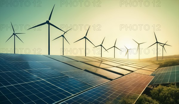 Solar panels and wind turbines harnessing renewable energy in an eco-friendly and innovative way, ai generated, AI generated