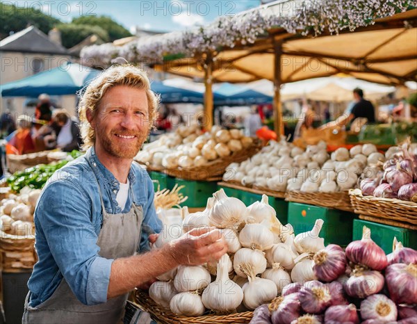 Food, spices, garlic, Allium sativum, many bulbs on a market stall, man as seller, France, AI generated, AI generated, Europe