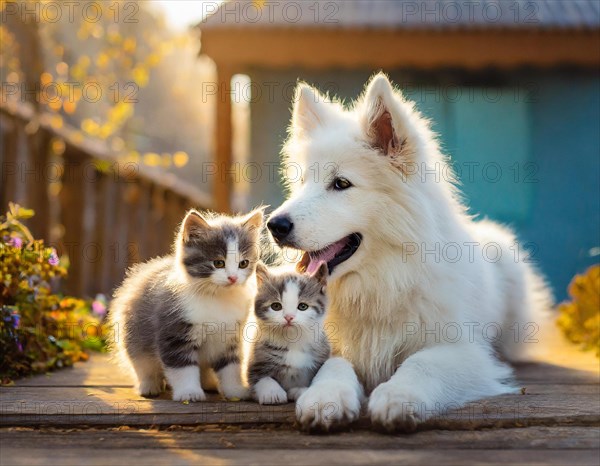 Dog, puppies of a white shepherd dog playing with two young white cats, AI generated, AI generated