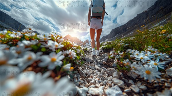 Hiker with backpack walking on a scenic mountain trail surrounded by white wildflowers, AI generated