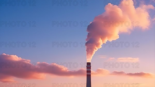Smokestacks emitting carbon dioxide against a backdrop of a clear blue sky indicating air pollution, AI generated