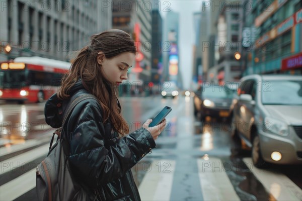Schoolgirl looking at her smartphone on a busy street in a city, symbolic image for accident risk due to media distraction in road traffic, AI generated, AI generated, AI generated