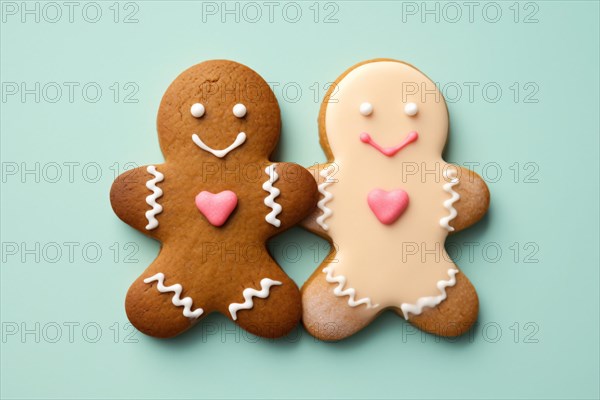 Pair of cute gingerbread men with hearts on pastel blue background. KI generiert, generiert, AI generated