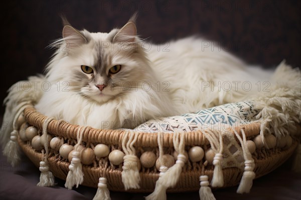 Cat with long fur lying in dog bed. KI generiert, generiert, AI generated