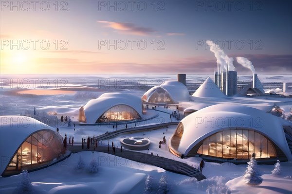 Concept for arctic city designed for sustainability featuring geothermal heating, AI generated