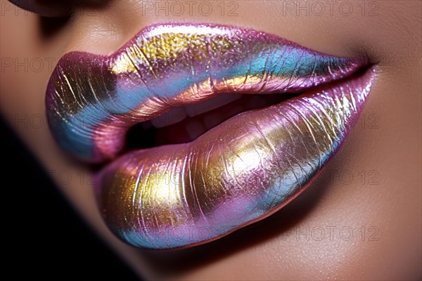 Close up of woman's lips with unusual metallic lipstick. KI generiert, generiert, AI generated