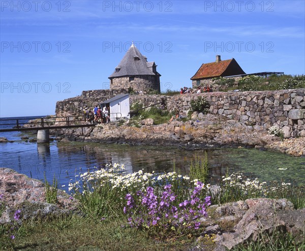 Bathplace, stonewalls and tower at the old Christiansoe Fortress, Bornholm, Denmark, Baltic Sea, Scandinavia. Scanned 6x6 slide, Europe