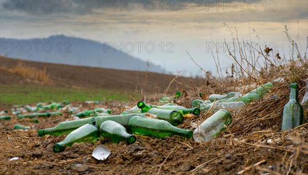 Empty glass bottles lie in the landscape, some broken, environmental pollution, AI generated, AI generated