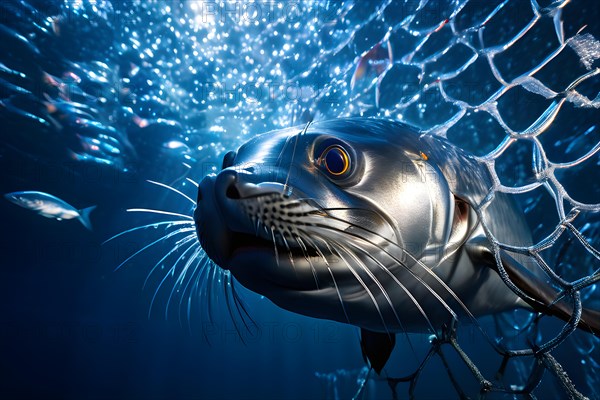 Seal captured in a gleaming silver fisher net as bycatch, AI generated