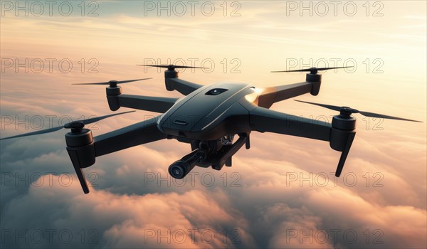 A drone flies above the clouds during a warm sunset, symbolizing high-tech aerial photography, ai generated, AI generated