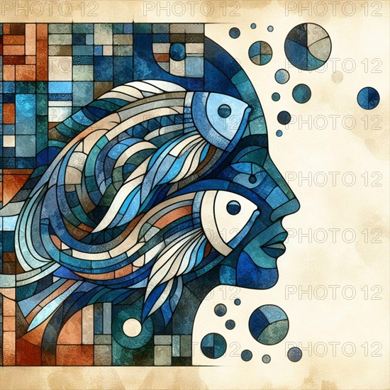 Geometric mosaic depicting abstract fish in tranquil blue tones, square aspect, AI generated