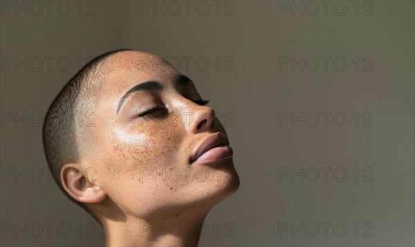 Pensive woman with short hair and freckles, bathed in dramatic side lighting AI generated