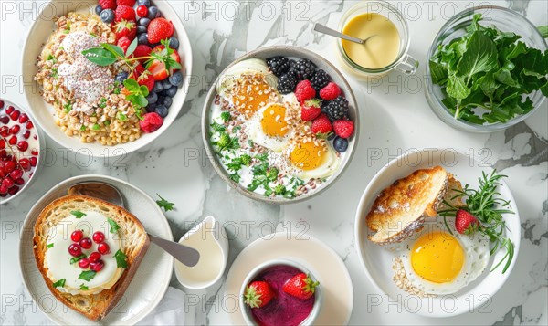 A varied breakfast layout with eggs, fruits, bread, and oatmeal AI generated