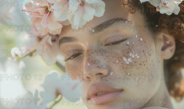 Serene close-up of a woman among flowers, highlighting her freckles AI generated