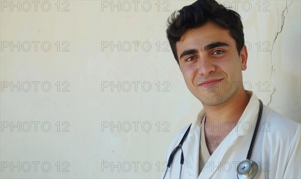 A young man in a white lab coat with a stethoscope smiles confidently against a cracked wall AI generated