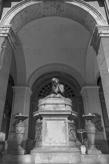 Sculpture in a hall at the Monumental Cemetery, Cimitero monumentale di Staglieno), Genoa, Italy, Europe