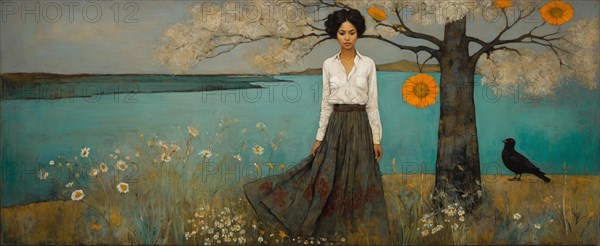 A standing woman gazes into the distance by a blue lake, a crow perched nearby, hand painting style AI generated
