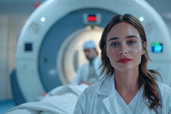 Medical professional stands by a CT scanner in a hospital, AI generated