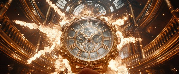 Luxurious grand clock surrounded by flames highlighting opulent architecture, AI generated