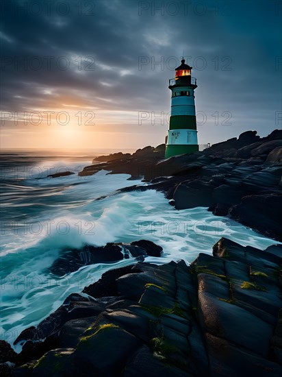 Lighthouse nestled against a vast ocean with waves rhythmically crashed onto the rocky shoreline, AI generated