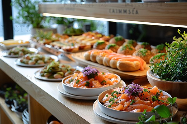 A buffet spread of various appetizers and canapes with fresh garnishes, AI generated