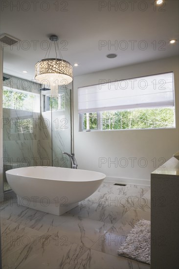 Glass shower stall with white acrylic freestanding bathtub in main bathroom with marble floor tiles inside luxurious home, Quebec, Canada, North America