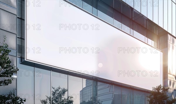 Blank screen banner mockup displayed on the modern building facade. Close Up view AI generated