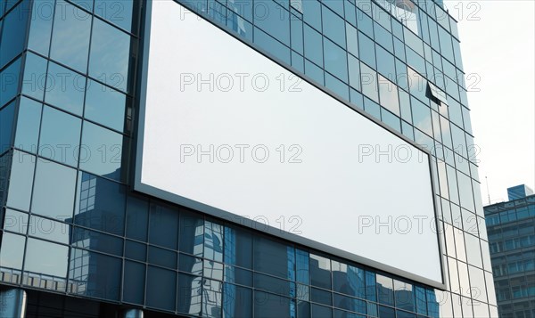 Blank screen banner mockup displayed on the modern building facade. Close Up view AI generated