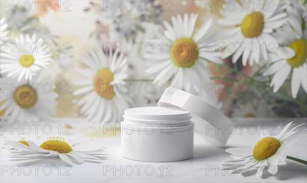 Cosmetic jar blank mockup placed on a serene watercolor chamomile background AI generated