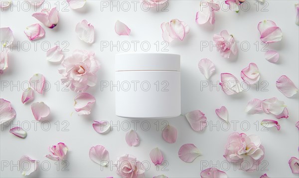 Creme jar blank mockup surrounded by delicate flower petals AI generated