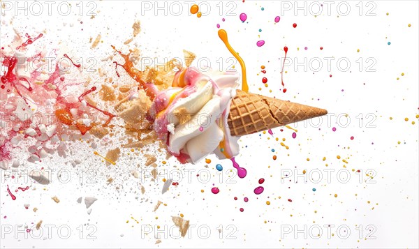 Ice cream cone explosion on white background AI generated