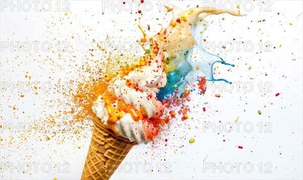 Ice cream cone explosion on white background AI generated